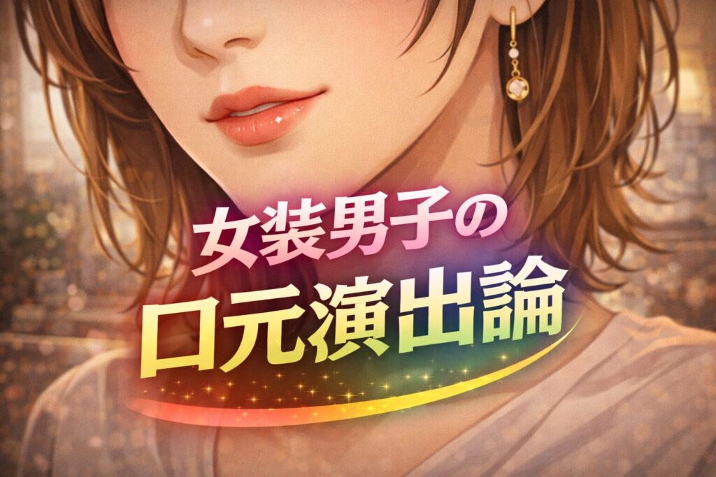 女装男子が近距離で口元を使う場面を想定したイラスト。ネイルと上目遣い、首と肩のラインが分かる構図で、距離感と身体の使い方をテーマにした記事のトップ画像。