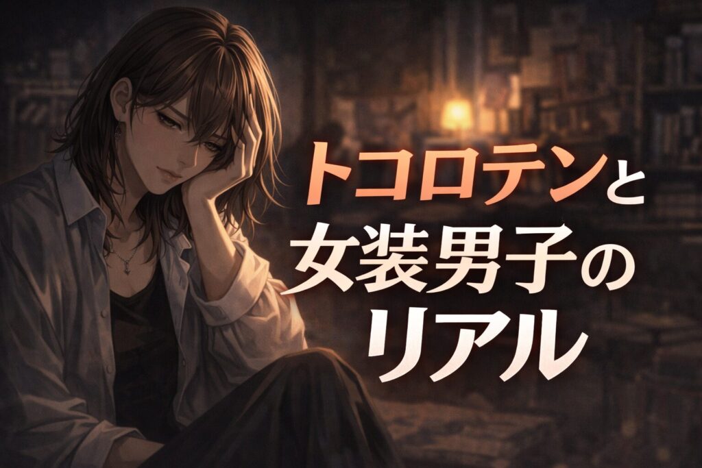 女装姿で静かに考え込む女装男子のイラスト｜前立腺刺激とトコロテンの感覚構造を解説する記事