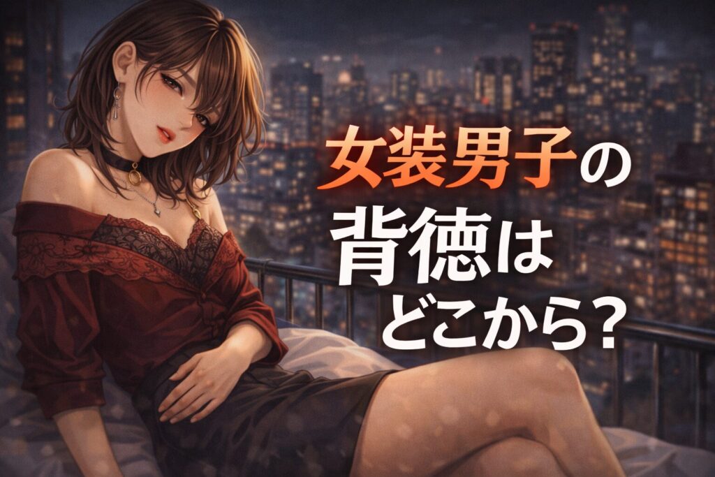 女装男子が鏡の前で視線を落とし、女性的な姿と男性の身体性が重なる瞬間を表現したイラスト|女装男子の背徳と境界の構造を解説する記事トップ画