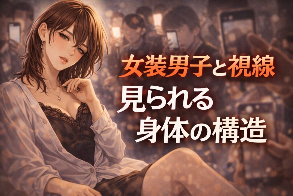女装男子が視線を意識しながら鏡の前に立つ様子のイラスト｜見られることで生まれる身体の変化と心理を解説する記事